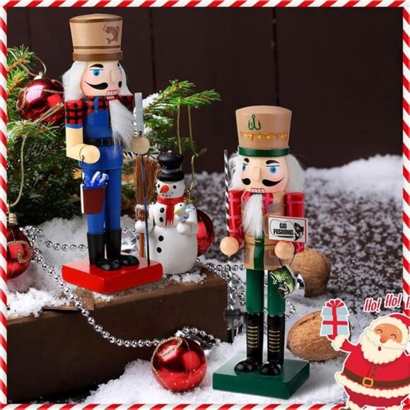 2 Pcs 10\'\' Christmas Fisher Man Nutcracker Fishing Party Wooden Nutcracker